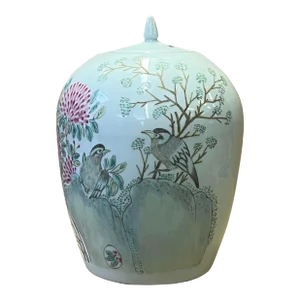 Oriental Distressed Marks Off White Flower Birds Porcelain Oval Jar