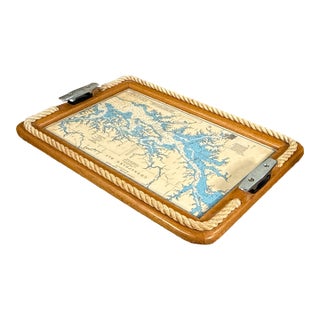 Vintage Nautical Serving Tray With Chesapeake Bay Chart and Rope Detail For Sale