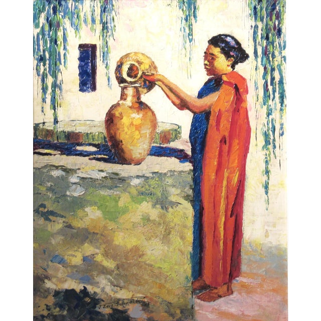 This artwork "Native Woman at the Well" 1948 is a oil painting on canvas board by American artist Joseph Earl Schrack,...