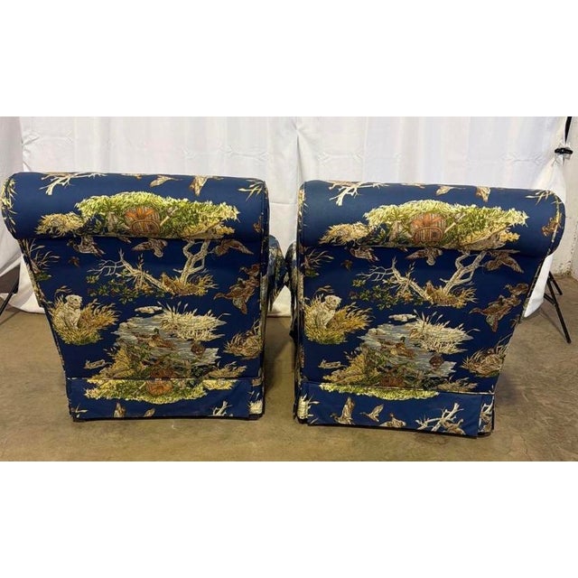 Vintage Bench-Made 3-Piece Living Room Set in Schumacher "Dog & Duck" Indigo Linen – Sofa & 2 Matching Chairs For Sale - Image 13 of 18