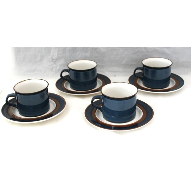 1970s Vintage 70s Haniwa Ranmaru Capri Pattern Stoneware Cups & Saucers - 8 Pieces For Sale - Image 5 of 13