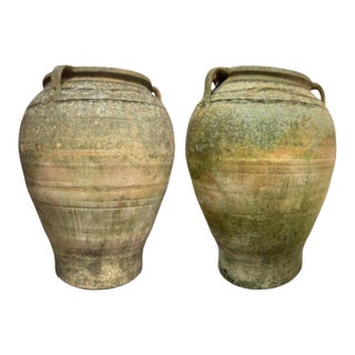 Late 19th Century X Large (32" H) Pair of Antique Greek Terracotta Olive Jars With Weathered Patina For Sale