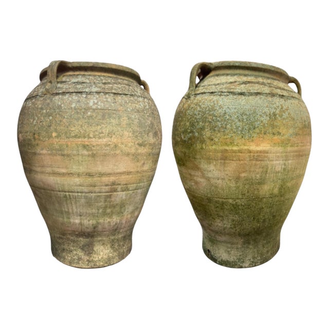 Late 19th Century X Large (32" H) Pair of Antique Greek Terracotta Olive Jars With Weathered Patina For Sale