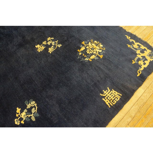 1930s Navy Blue Floral Traditional Shou Symbols Antique Chinese Peking Rug For Sale In New York - Image 6 of 9