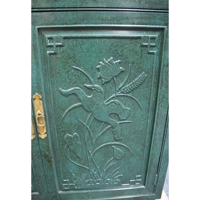 Henredon Furniture Green Asian Chinoiserie Faux Malachite 36" Storage Cabinet W. Embossed Floral Detail For Sale - Image 12 of 17
