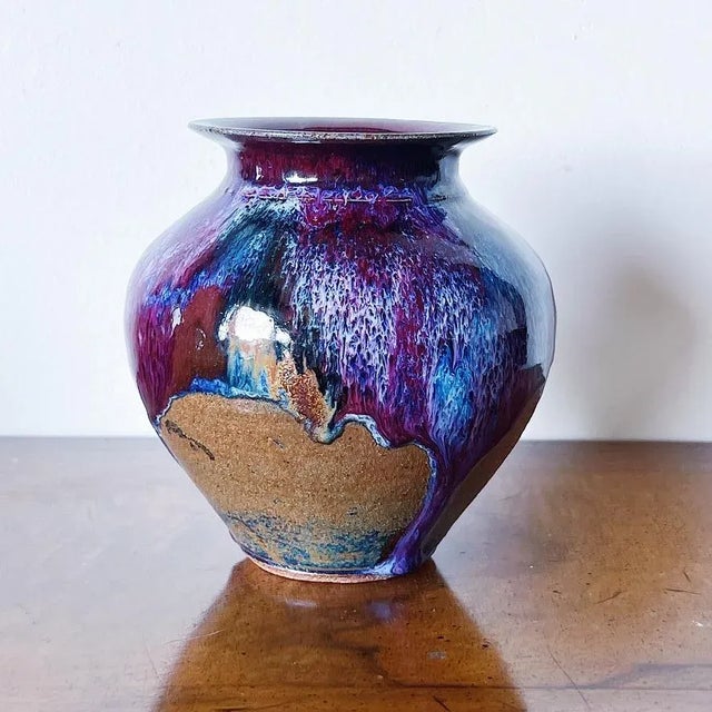 Vintage California Studio Pottery Vase in Purple Drip Glaze over Burn Sienna Mesmerizing drip glaze in purple and blues,...