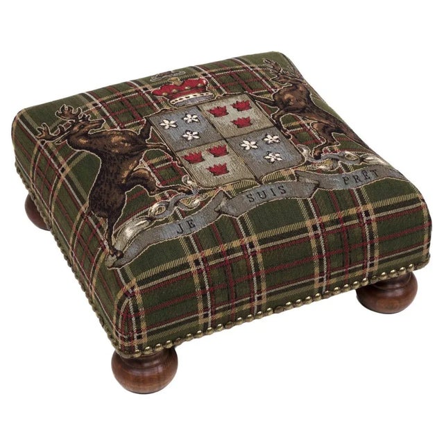 Tapestry Footstools with bun-feet and traditional-style studding.