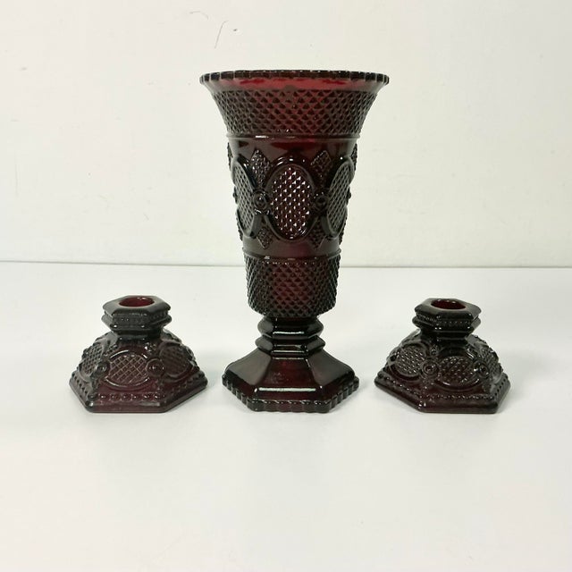1970s Vintage Art Deco Depression Diamond Point Glass Centerpiece Candle Holders and Vase - Set of 3 For Sale - Image 12 of 12