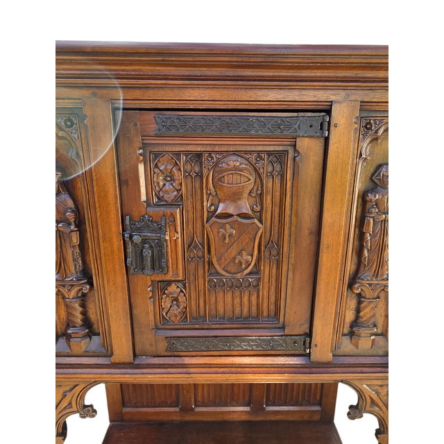 Antique Karpen Furniture French Gothic Cabinet Oak Vestry Altar Wine Bar Hutch For Sale - Image 9 of 18