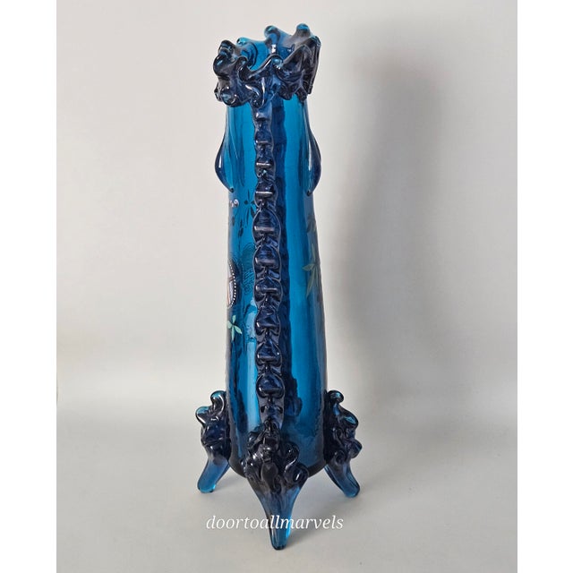 Art Nouveau Auguste Jean Antique Blue Footed Vase Art Nouveau Enamel Paint Berries Tall 12" For Sale - Image 3 of 17