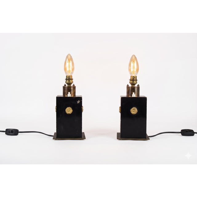 Black Lacquered Metal and Brass Table Lamps, 1940s, Set of 2 For Sale - Image 3 of 13