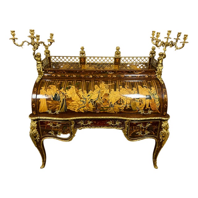 Louis XV Style Cylinder Desk in Wood Marquetry For Sale