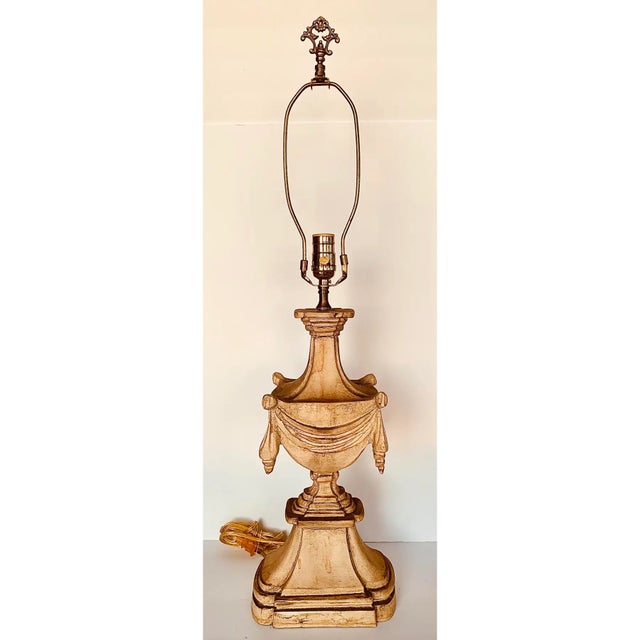French Late 20th Century Neoclassical Carved Wood Urn Lamp With Pleaded Silk Shade For Sale - Image 3 of 7