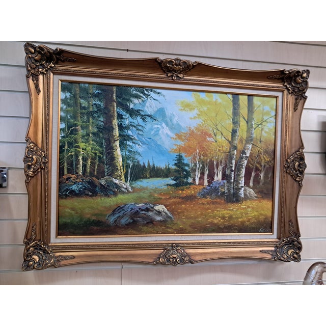 Large Vintage Woodland River Mountain Landscape, Oil Painting on Canvas, Gold Frame, Signed, 1980s For Sale - Image 13 of 18