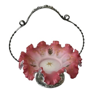 1910 Antique Victorian Forbes Silver Co. Floral Bridal Basket Mt. Washington Pink Satin Art Glass Ruffled Bowl For Sale