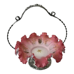 1910 Antique Victorian Forbes Silver Co. Floral Bridal Basket Mt. Washington Pink Satin Art Glass Ruffled Bowl