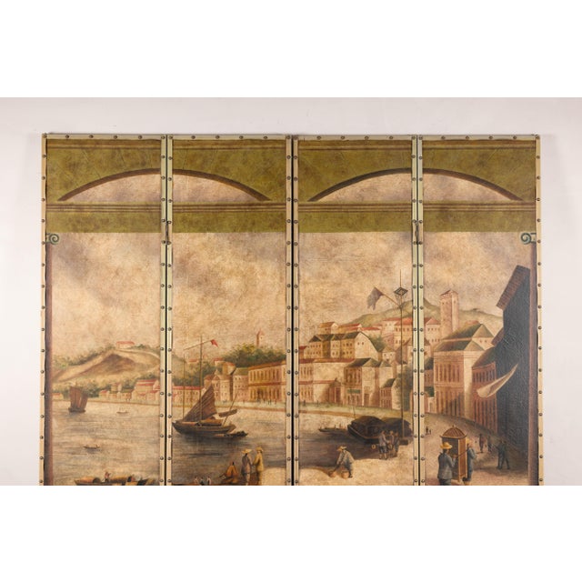 Vintage Four-Panel Painted Screen Depicting Macau Harbor, 1855 For Sale - Image 12 of 17