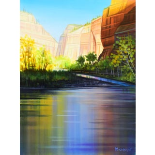 Reflections Through Zion Canyon by Michelle Condrat | Oil On Board Landscape of Zion Canyon with Water For Sale