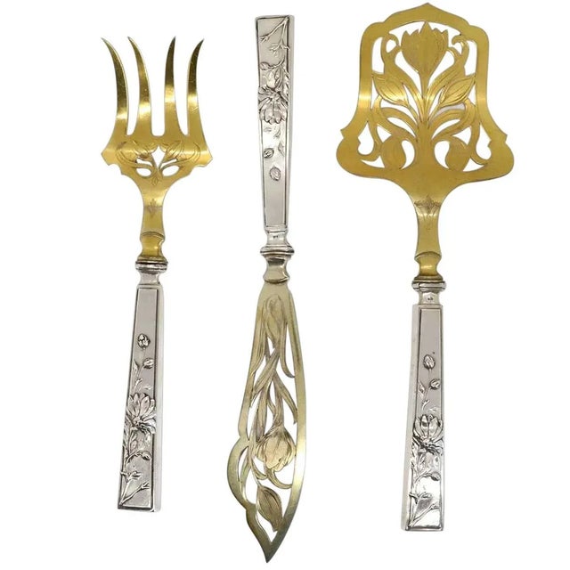 Set of Three Scandinavian Art Nouveau Gilt 830 Silver Fish Service Flatware For Sale In Denver - Image 6 of 6