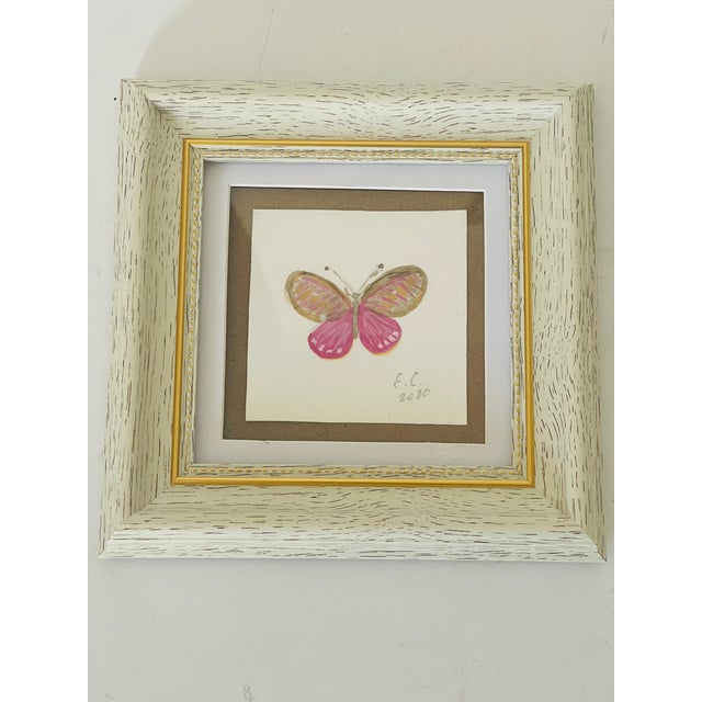 Original abstract art on paper Pink Butterfly in white gold frame.