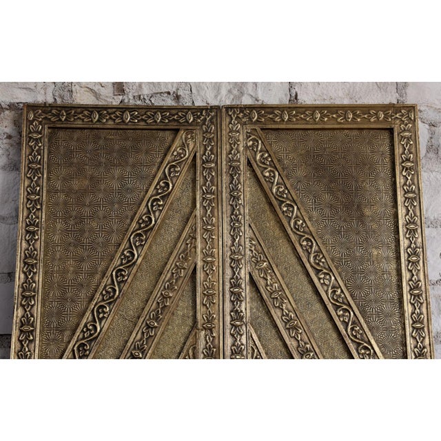 Mid-Century Modern Vintage Brass-Clad Statement Hand-Carved Sliding Barn Door 80x48 For Sale - Image 3 of 7
