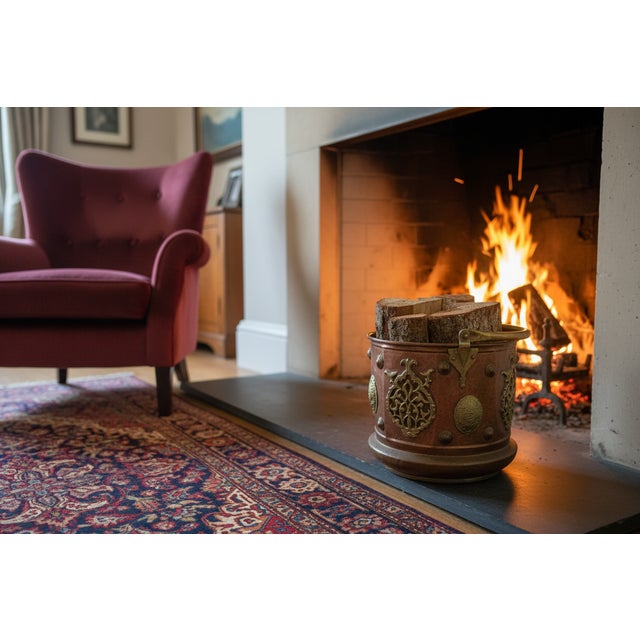 Vintage Moroccan Copper & Brass Ornate Log Bucket / Planter For Sale - Image 9 of 9