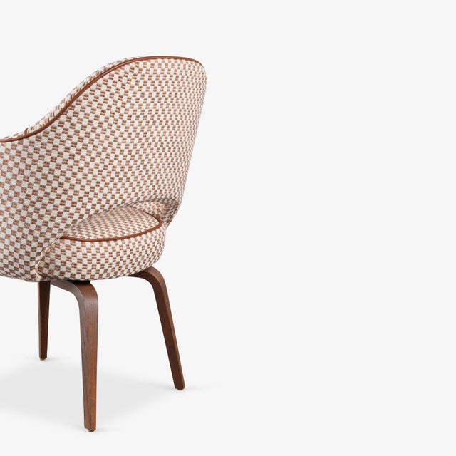 Wood Saarinen Executive Arm Chairs in Schumacher Fabric, Leather Piping, & Walnut - Set of 6 For Sale - Image 7 of 14
