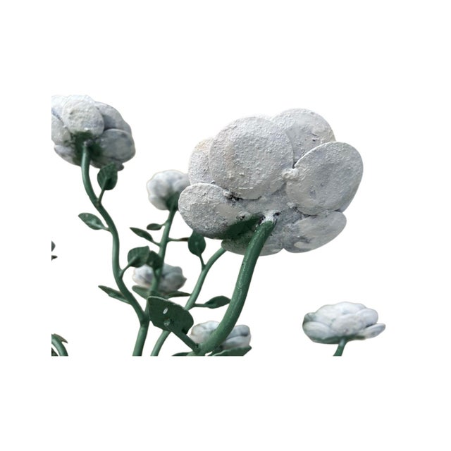 Traditional Hand-Painted, Metal Flower Sculpture With White Blossoms on Round Stand For Sale - Image 3 of 7