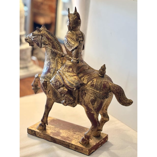 1960s Vintage Tang Dynasty Style Chinese Gilded Wood Horse and Warrior Figure For Sale - Image 5 of 7