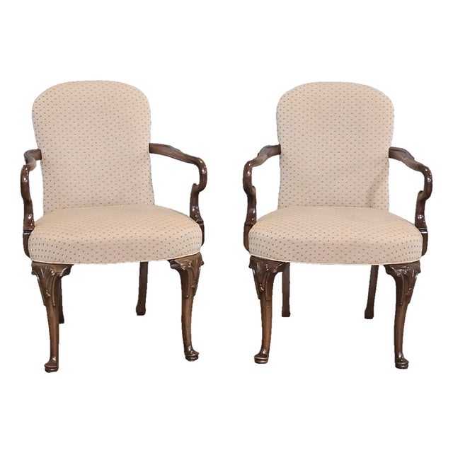 Mid 20th Century Share Pair of Hickory Chair Queen Anne Style Upholstered Arm Chairs For Sale