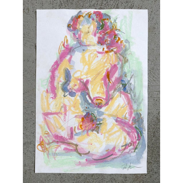 Drawing from the model - Gestural study of the beauty of a woman sitting quietly daydreaming. Oil pastel, cray-pas and...