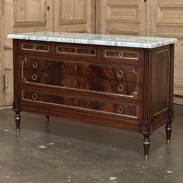 French French Mahogany Louis XVI Style Commode With Carrara Marble Top For Sale - Image 3 of 18