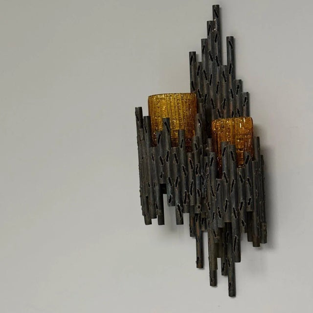Marcello Fantoni, Brutalist Mid-Century Modern Wall Sconces, Wrought Iron, Glass For Sale - Image 9 of 10