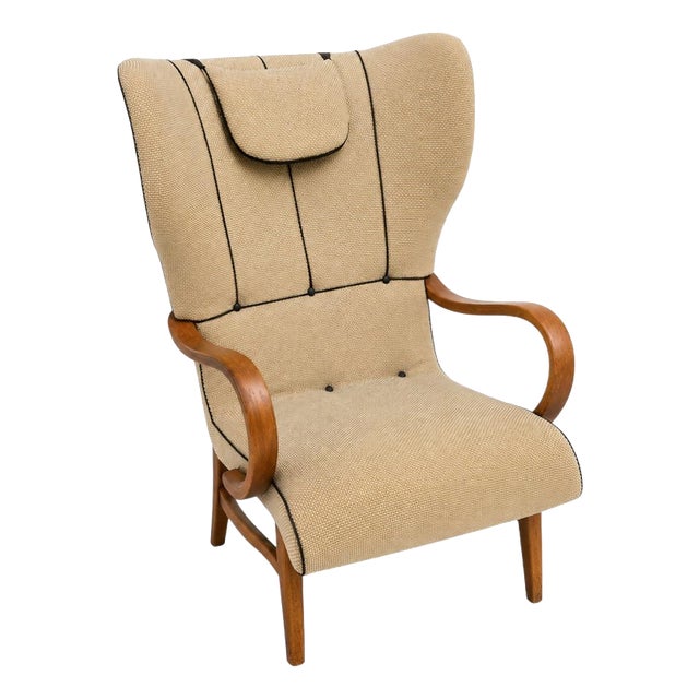 Swedish Modern Wingback Chair with Leather Details, 1940s For Sale