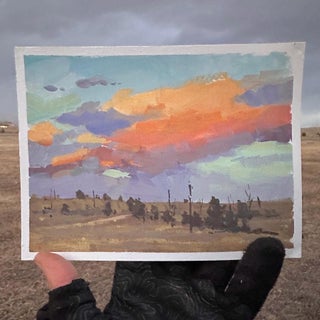 099 - Plein Air-Chatfield Farms, CO, 12/21/22 by Judd Mercer | Gouache Landscape of Chatfield Farms at sunset For Sale