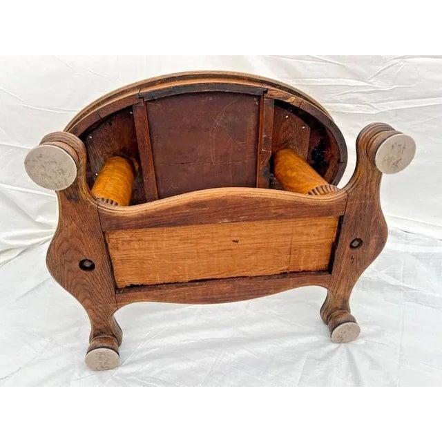 1910s Oval Desk Writing Table Tiger Oak Drawer Shelf Fluted Base Columns For Sale - Image 10 of 10