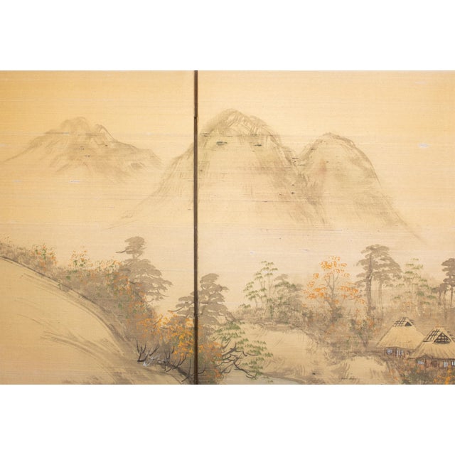 1960s Shōwa Era Japanese Byobu Screen, "Mountain Landscape With River and Bridge" For Sale - Image 14 of 18
