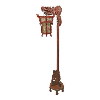 1920-1930s Chinese Dragon Wood Lantern Reversed Glass Panels Floor Lamp For Sale