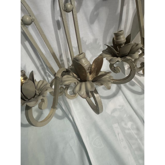 1960s 1970s French Painted Wrought Iron 3 Light Floral Wall Sconces - Pair For Sale - Image 5 of 5