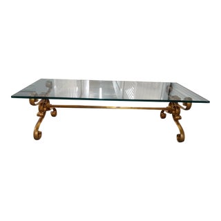 1960s Vintage Gold Gilt Iron and Glass Coffee Table For Sale