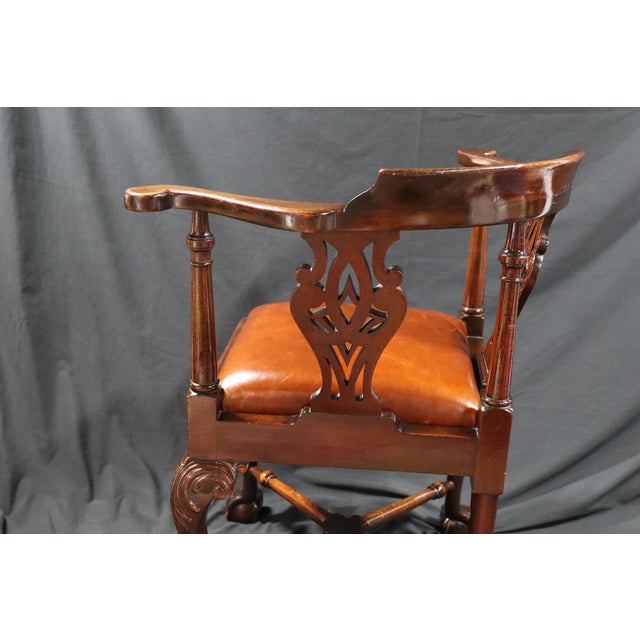 Early 20th Century Leather Seat Hand Carved Corner Chair For Sale In San Diego - Image 6 of 9