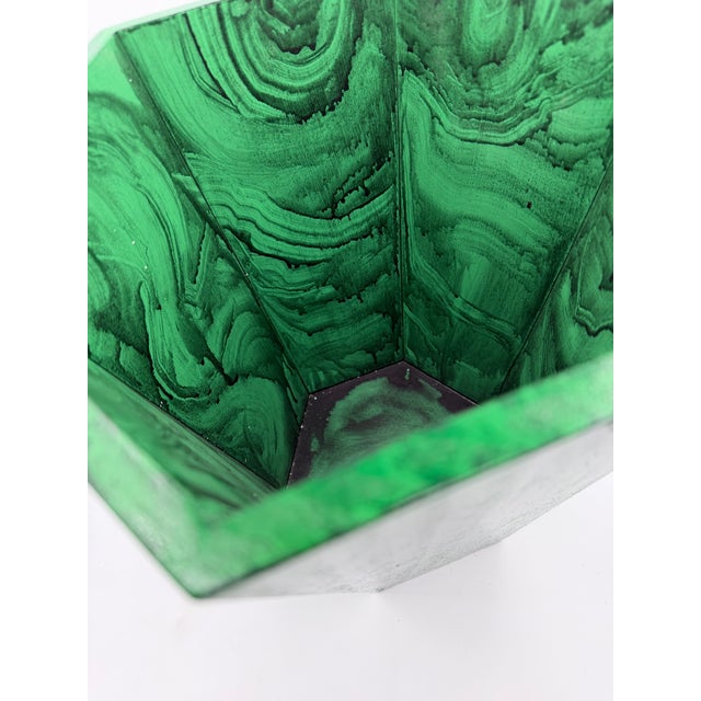 Handmade Handpainted Hexagonal Wooden Wastebasket Faux Malachite Green For Sale - Image 11 of 12