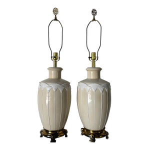 1980s Vintage Beige Ceramic Table Lamps on Brass Finish Bases – A Pair