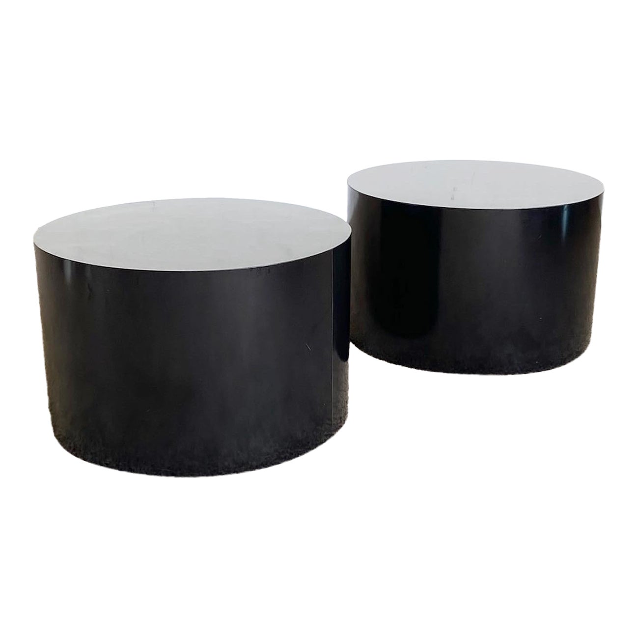 Postmodern Black Lacquer Laminate Drum Side Tables | Chairish