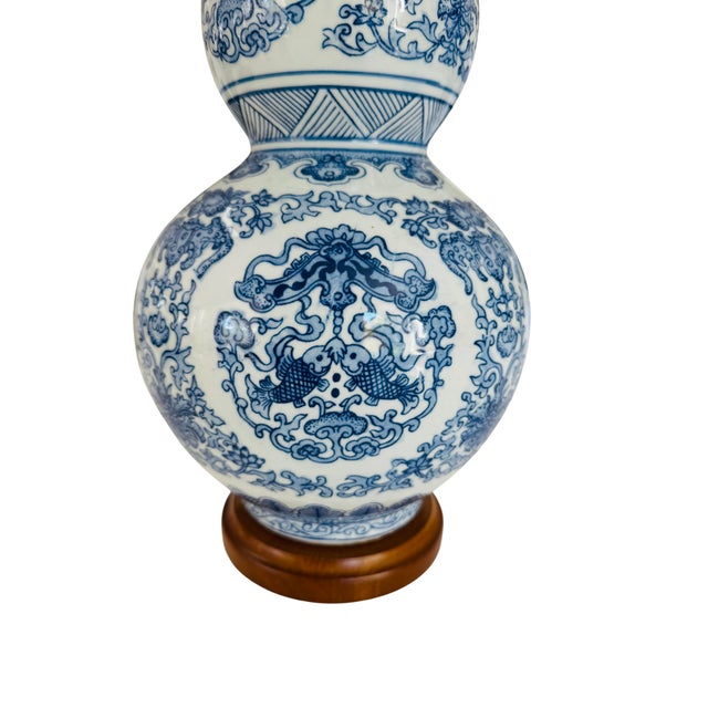 Lauren Ralph Lauren Blue & White Chinoiserie Double Gourd Porcelain Table Lamp – Koi Fish, Traditional Asian-Inspired Decor For Sale - Image 6 of 9