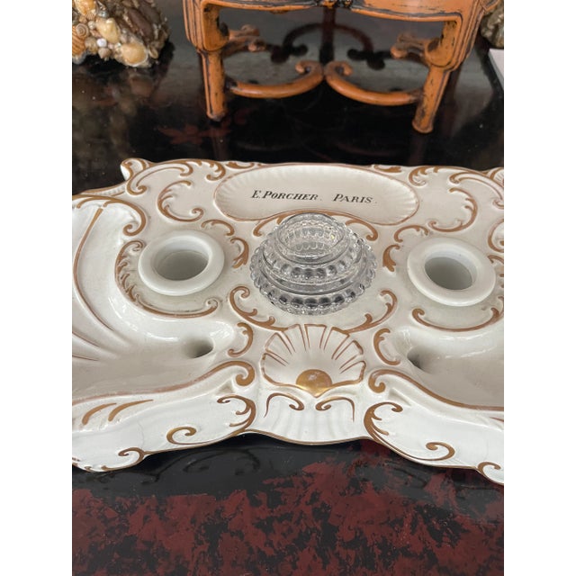 Off-white Art Nouveau Porcelain Inkwell, E. Porcher, Paris France, c.1900 For Sale - Image 8 of 17