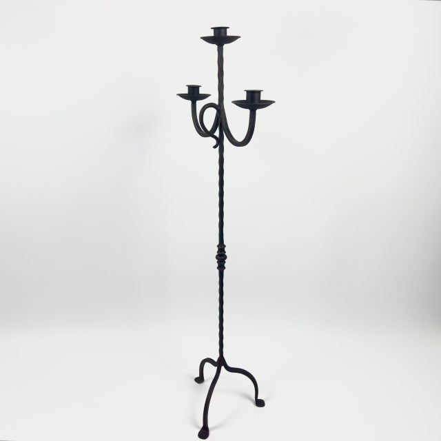 Metal Hand Forged Iron Floor Candelabra 47.5″ (121cm) Antique Copper Patina 3-Arm Infinity Loop Design Classic Candle Holder For Sale - Image 7 of 7
