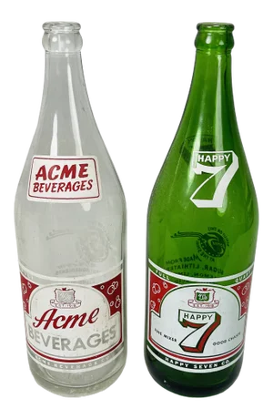Vintage 1940s-50s Acme Beverages & Happy 7 Soda Bottles Green Glass Barware - Set of 2