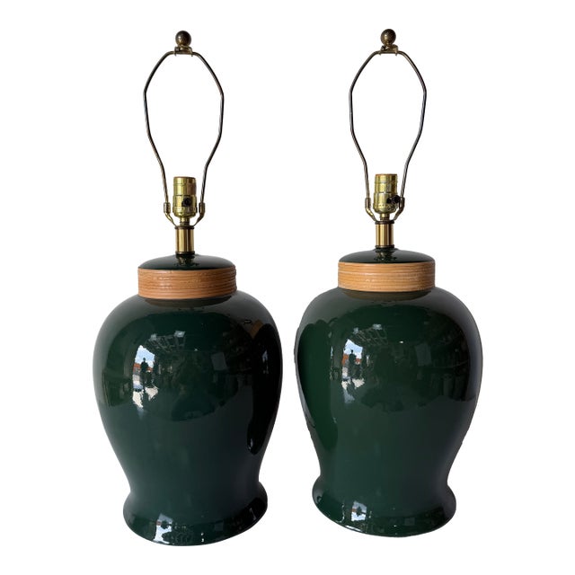 1980’s Vintage Green Glazed Ceramic and Rattan Table Lamps – A Pair For Sale