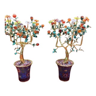 Pair of Vintage Gemstone & Cloisonné Enamel Bonsai Trees – Agate, Crystal & Pearl Fruit For Sale